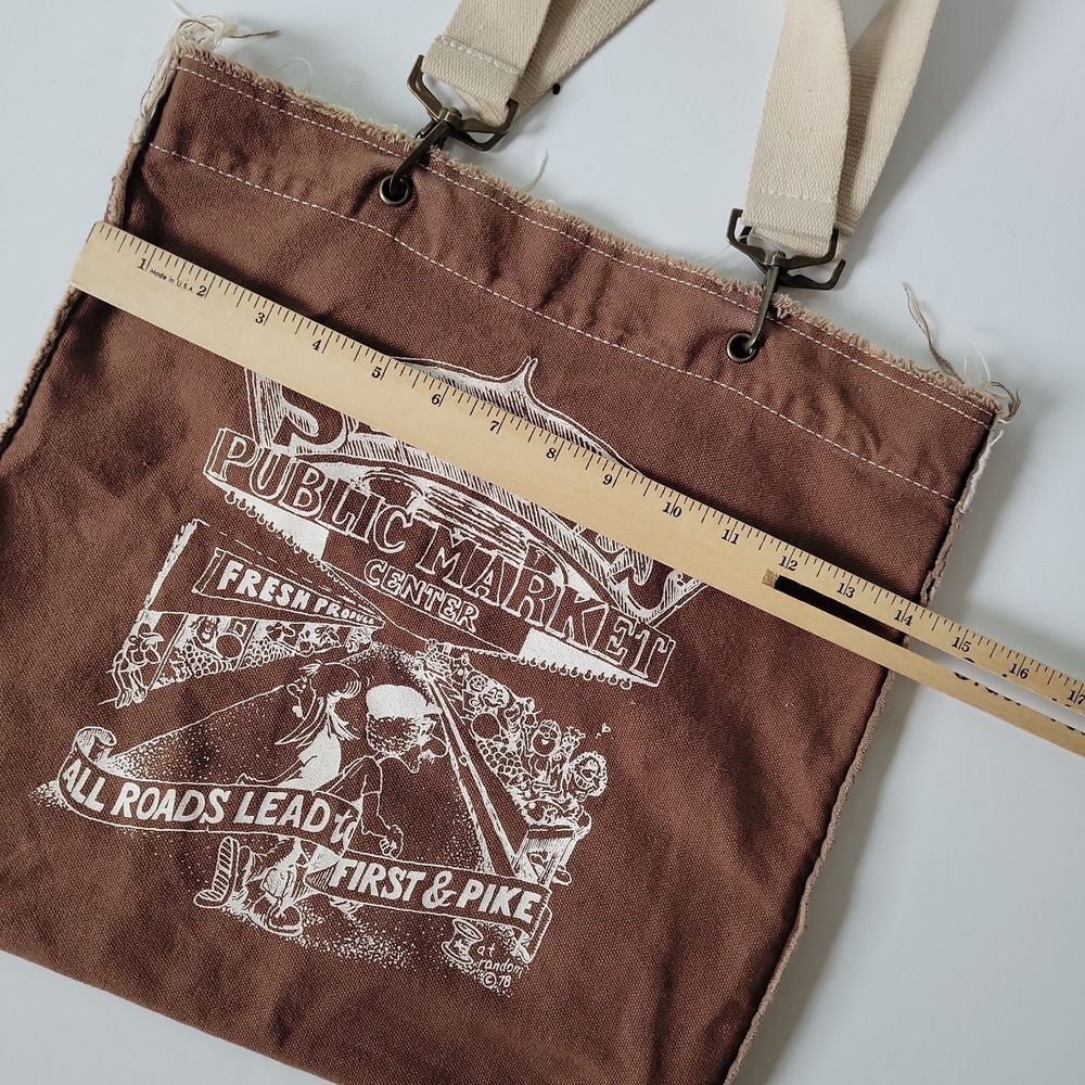 Authentic Pigment Canvas Shopper Tote Brown Seattle Public Market Graphic Vegan - Picture 10 of 15